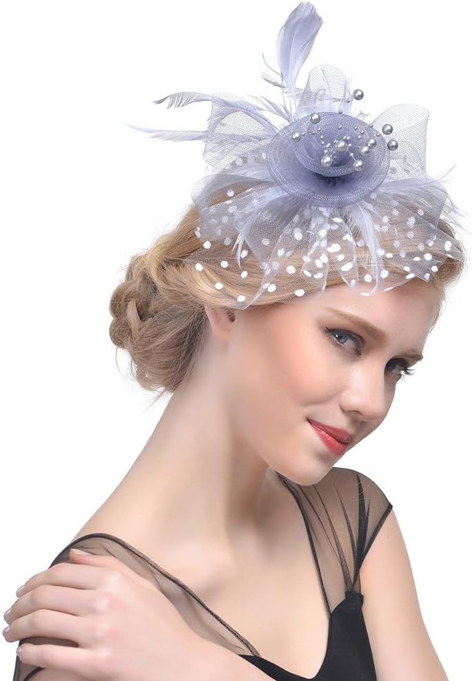 DRESHOW Fascinators Hat Flower Mesh Ribbons Feathers on a Headband and a Clip Tea Party Headwear for Girls and Women - Colors A