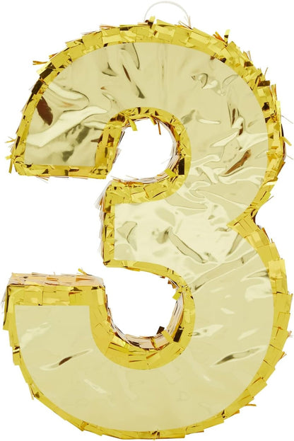 Juvale Gold Foil Number 3 Pinata - Spacious Candy & Toy Holder Birthday Pinata - Hangable Party Decor - 11.1 x 2.9 x 16.1 in, Paper, Gold