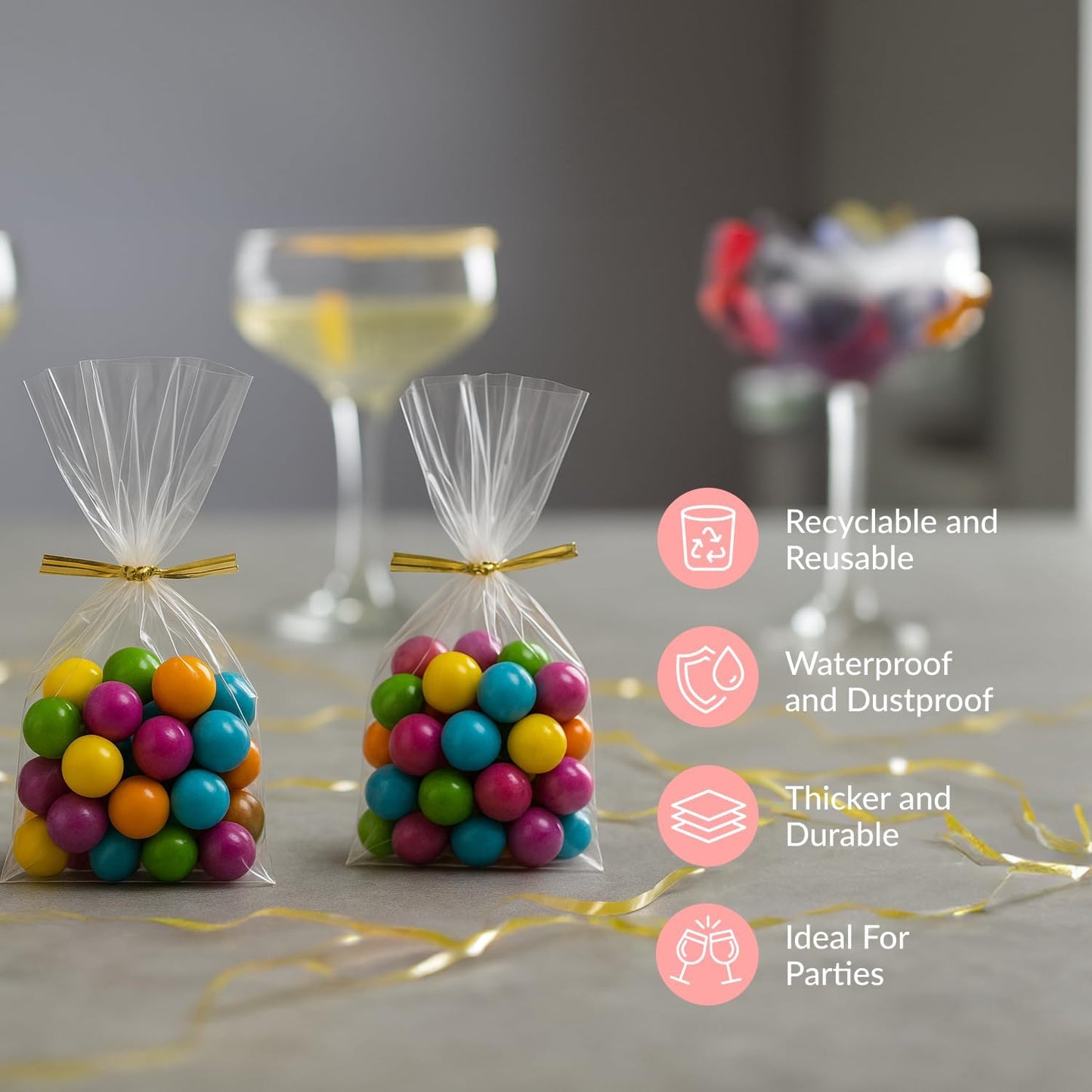 Prestee 200 Pack Clear Cellophane Bags for Favors - Transparent Goodie Bags for Birthday Party, 6x10 Inch Clear Bag with 4-Inch Twist Ties - Candy, Treat, Cookie Bag for Gift Giving