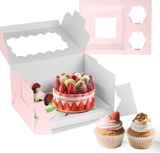 10 Packs Bento Cake and Cupcake Box 3 Holes Fit 2 Cupcakes and 1 Mini Cake Box with Clear Window and Stickers for Cake Cupcake Cookie or Easter and Mother’Day. (1+2/10pcs)