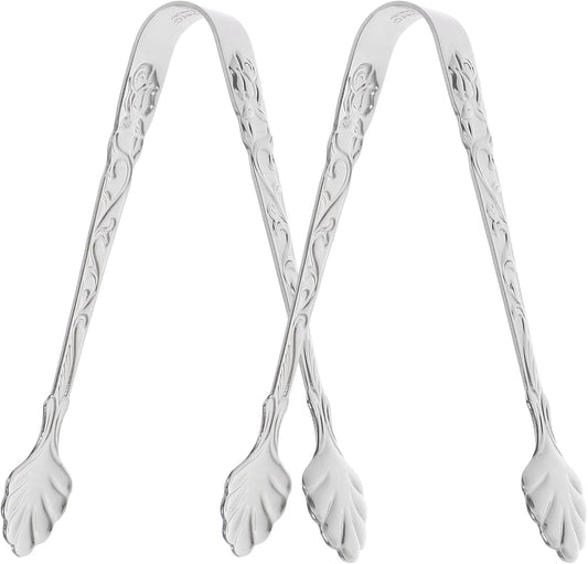DOITOOL 2PCS Mini Serving Tongs, 3.5Inch Rose Stainless Steel Sugar Cube Tongs, Small Sliver Ice Salad Mini Appetizer for Tea and Coffee Party, Appetizers, Desserts (Sliver)