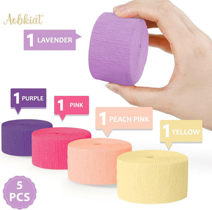 AOBKIAT Colorful Streamers Party Decorations,5 Rolls Vintage Rainbow Crepe Paper Streamers for Birthday,Candyland Theme Baby Shower,Fiesta,Wedding,Christmas,DIY Craft Crepe Paper,1.8 Inch x 82 Ft/Roll