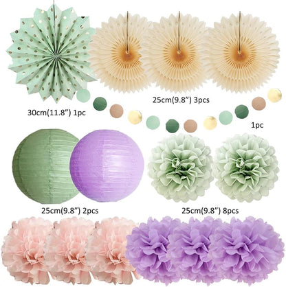Sage Green and Purple Party Decorations Baby Shower Girl Decorations Sage Green Purple Pink Birthday Party Light Purple Blush Pink Tissue Paper Pom Poms Beige Fans Kit for Wedding Engagement