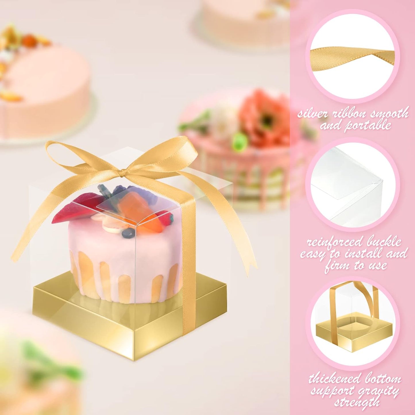 Thenshop 50 Pcs Clear Cupcake Boxes Individual 3.5 Inch Plastic Single Cupcake Containers Boxes with Inserts and Ribbon Individual Cake Storage Holders for Cake Kitchen(Dark Blue)