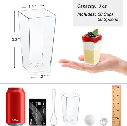 Zezzxu 3 oz Square Mini Dessert Cups with Spoons - 50 Pack Plastic Pudding & Parfait Cups Party Dessert Shooters for Serving Trifle Mousse Cake Appetizers