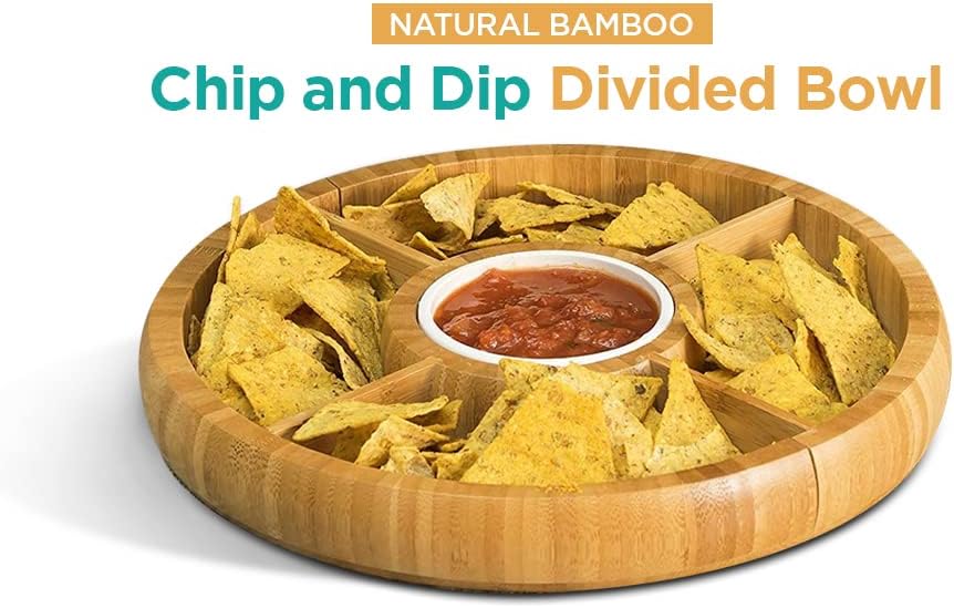 Bamboo Charcuterie Board/Cheese Board Chip and Dip Divided Bowl/Serving Platter with Ceramic Center Bowl/Dip Cup