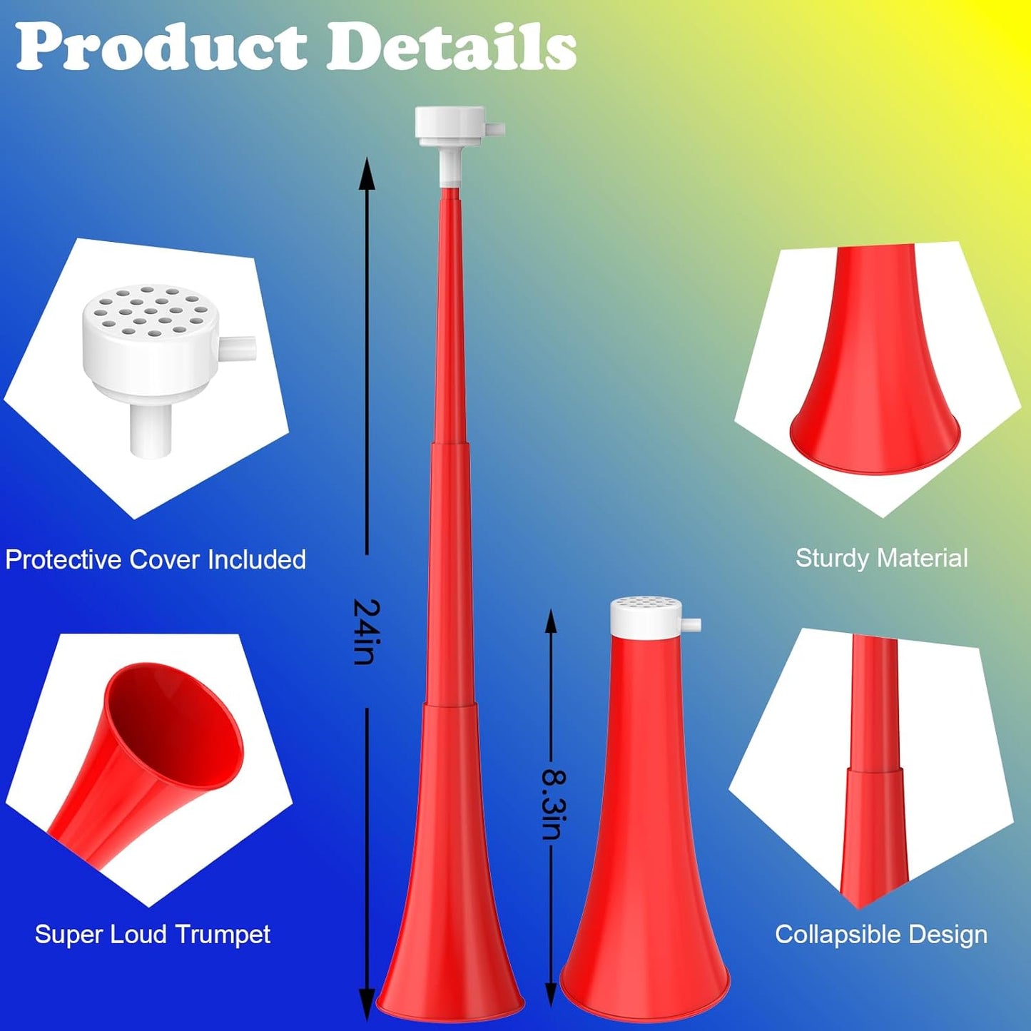 Collapsible Stadium Horn 24 Inch Vuvuzela Noise Makers Plastic Cheering Trumpet Blow Horns Noisemakers for Sporting Events Football Games School Sports Party Supplies Favors Accessories
