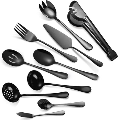 Stainless Steel Serving Utensil Set 10-Piece Buffet Flatware Catering Silverware with Bread Tong,Cake Spatula,Serving Ladles,Salad Fork,Cheese Knife,Large Spoon for Parties Buffet