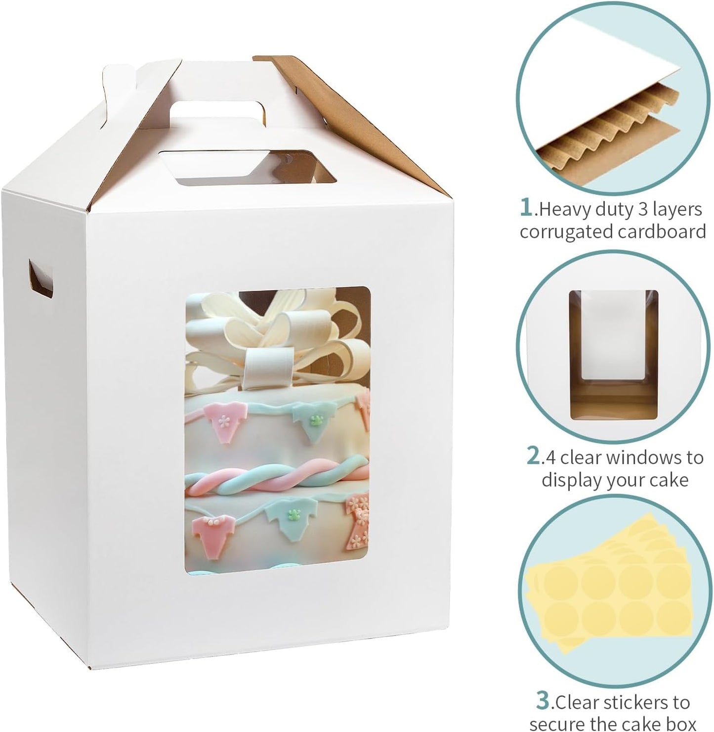 Wowxyz 3 Pack Tall Cake Boxes for Tier Cakes 12x12x14 Inch Disposable Layer Tall Baking Carrier with Window Large Tierd Bakery Take Out Transport Containers with Handle for Wedding, Birthday, Party