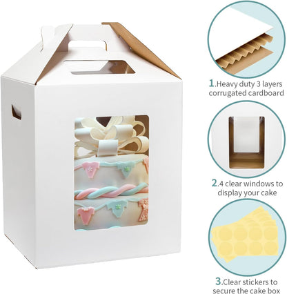 Wowxyz 3 Pack Tall Cake Boxes 14x14x16 Inches with Cake Board - Large Disposable Layer Baking Carrier Tier Bakery Take Out Transport Containers With Window for Wedding, Birthday, Party White