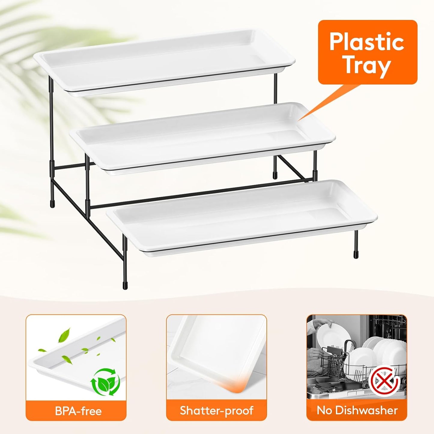 Lifewit 3 Tier Serving Tray, 30 x 17 cm/12 x 6.5" White Plastic Tiered Food Serving Platters, Tiered Tray Stand for Party with Black Collapsible Metal Stand, Dessert Display Stand for Cookies/Crackers