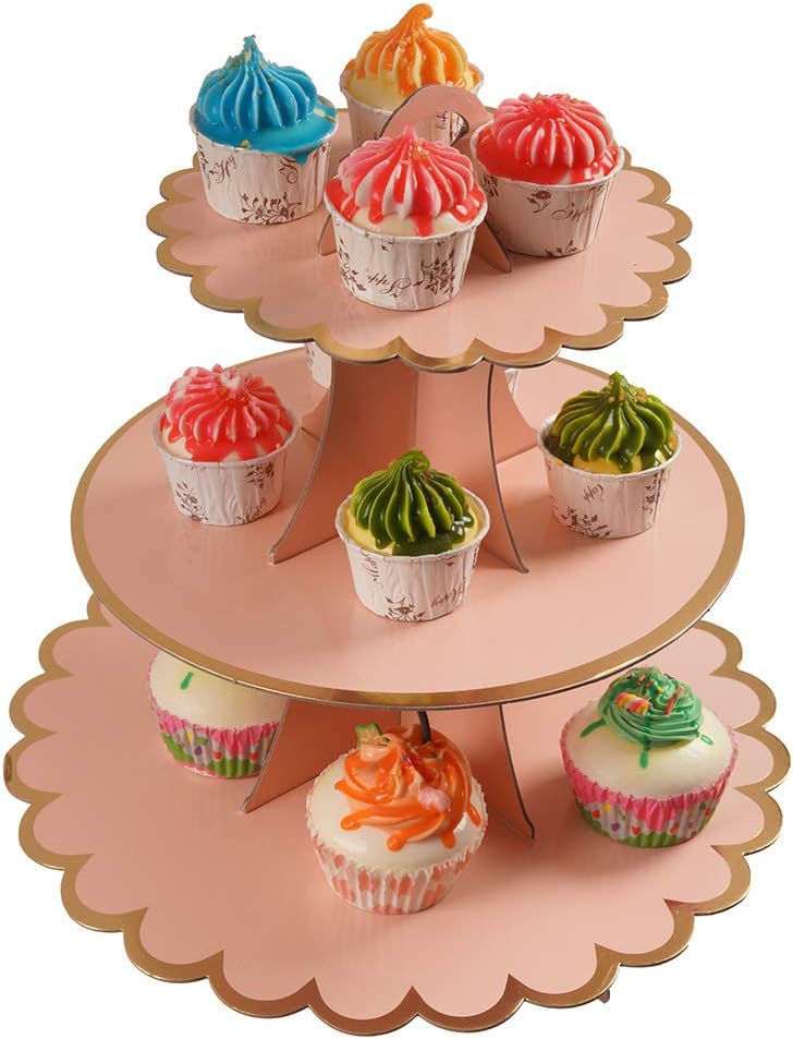 YLDW Cupcake Stand, 3-Tier Cupcake Stand Display, Cardboard Cup Cake Tower Stand, Disposable Dessert Stand for Birthday Tea Party Baby Shower Treat Decorations, Pink