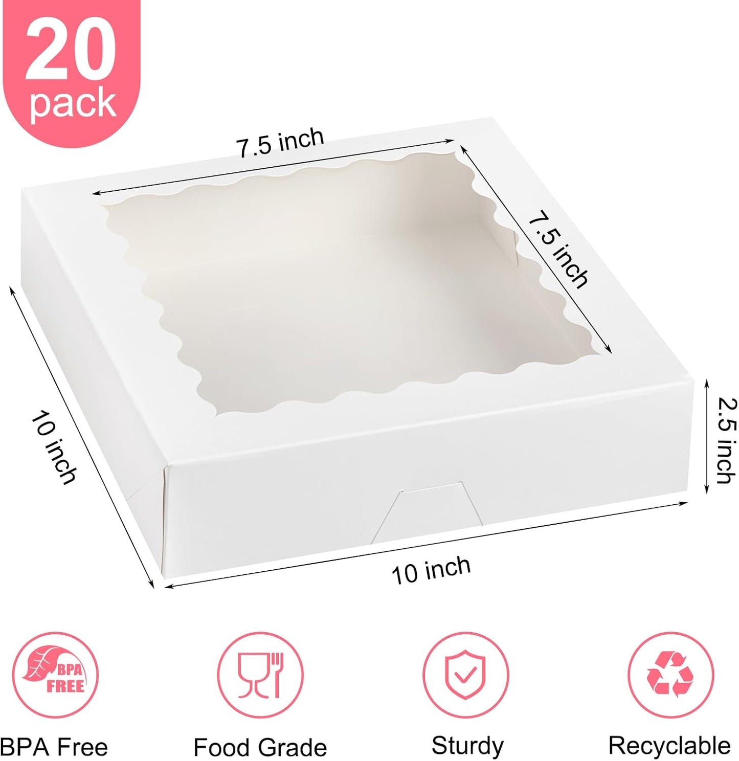 Kucoele 20 PCS Pie Boxes, 9 x 9 x 2.5 Inches Bakery Boxes with Window, Auto-Popup Cookie Boxes White Treat Boxes for Chocolate Strawberries, Pastries, Muffins, Donuts