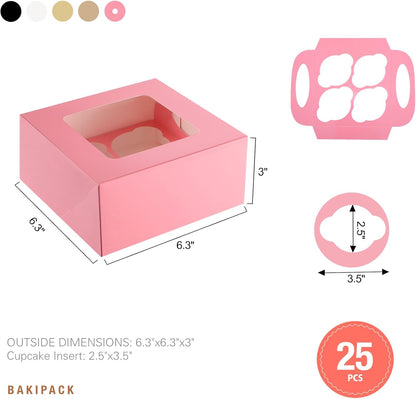 25 Pink Cupcake Boxes, Cupcake Boxes 6 Count with Window and Inserts, Mother's Day Cupcake Holders for Cupcakes, Muffins, Cookies