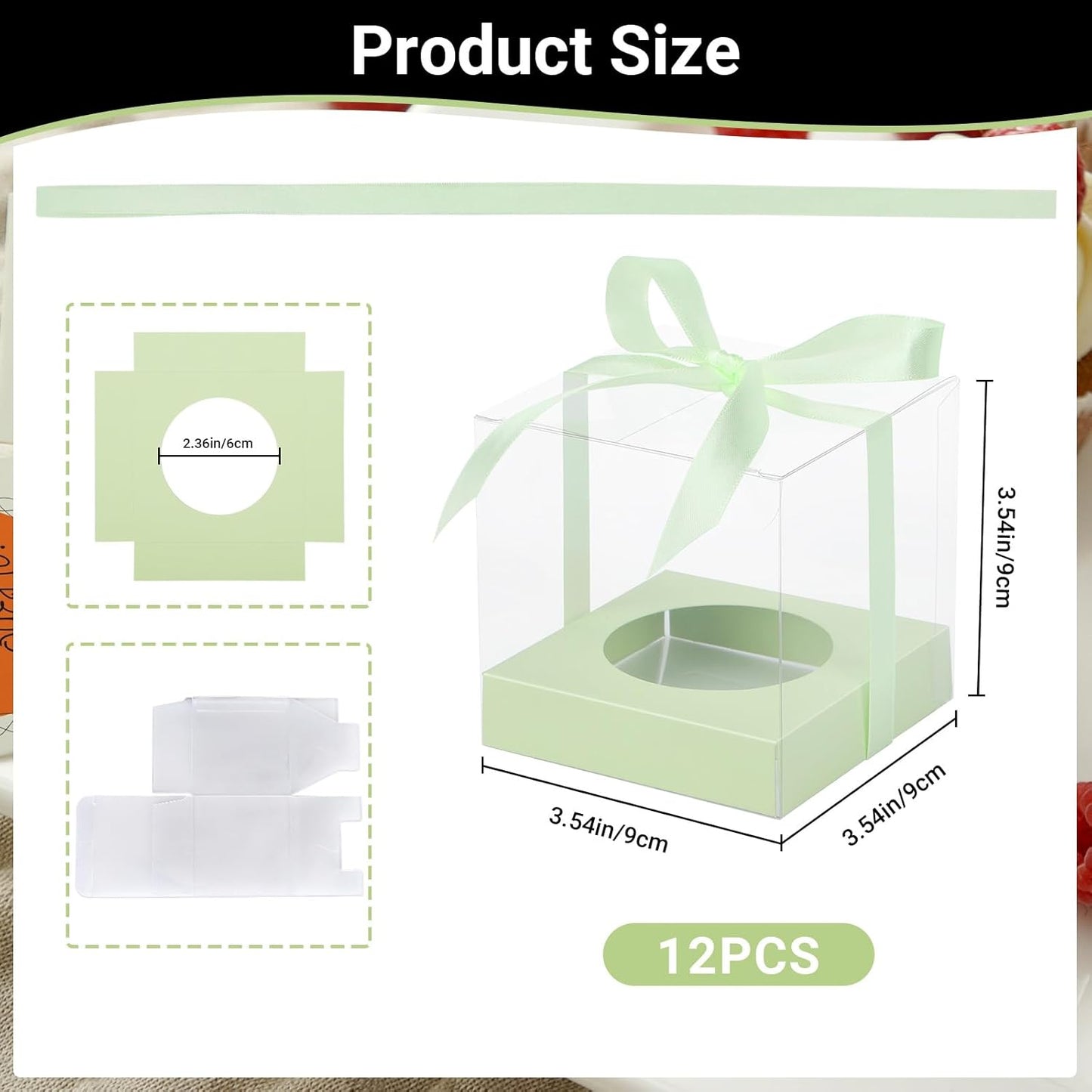 EUSOAR Individual Cupcake Holder, 50pcs 3.5 Inch Plastic Black Cupcake Containers with Lids, Single Transparent Display Clear Cupcake Carrier with Ribbon and Inserts for Wedding Party Favor