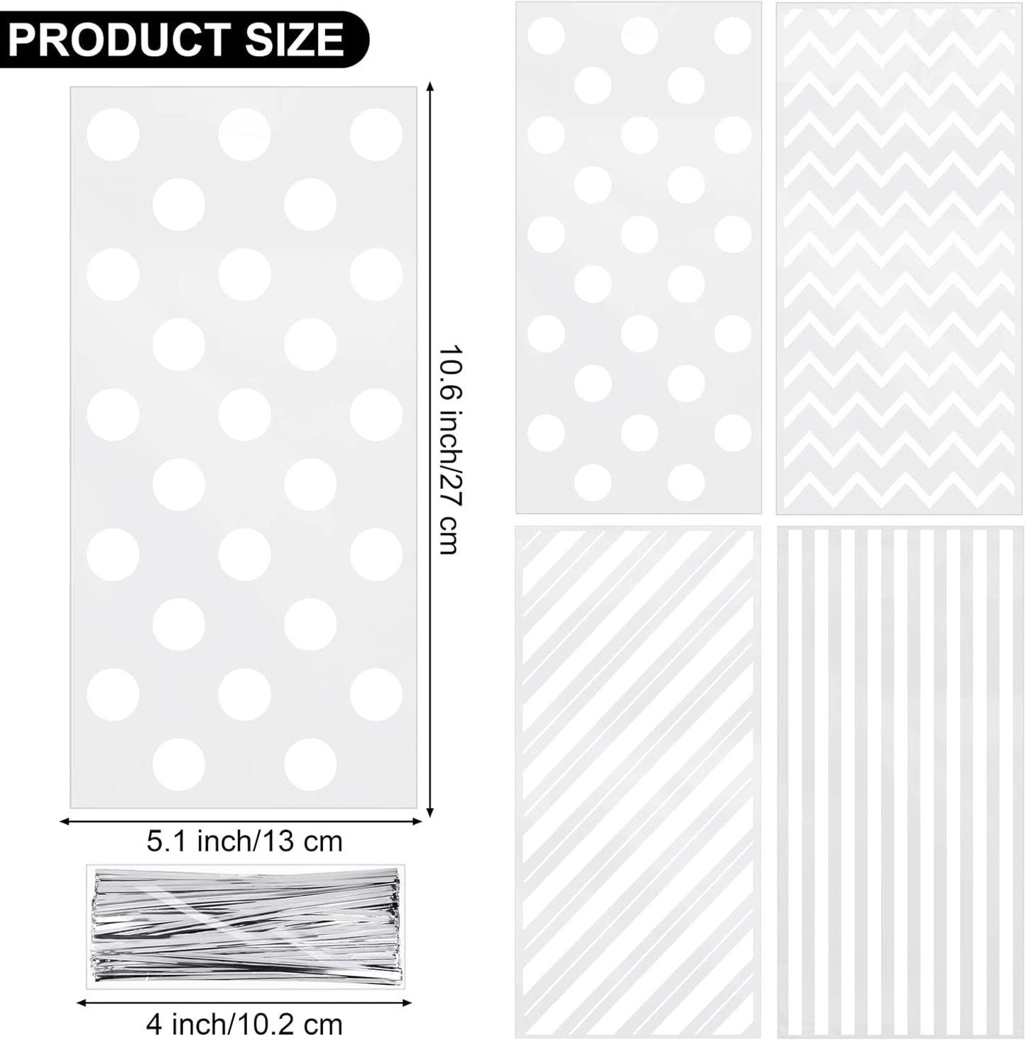 Aodaer 100 Pieces 10.6 x 5.1 In White Cellophane Bags Plastic Candy Gift Bag Cellophane Treat Bags with Twist Ties Stripes Polka Dot Printed Pattern Goodie Bag for Birthday Weddings Party Favors