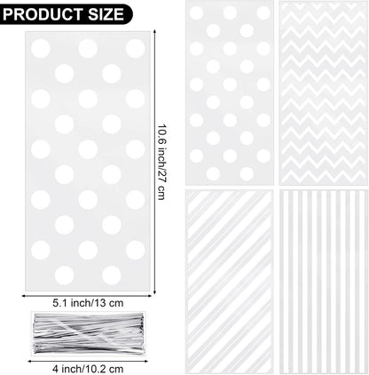 Aodaer 100 Pieces 10.6 x 5.1 In White Cellophane Bags Plastic Candy Gift Bag Cellophane Treat Bags with Twist Ties Stripes Polka Dot Printed Pattern Goodie Bag for Birthday Weddings Party Favors