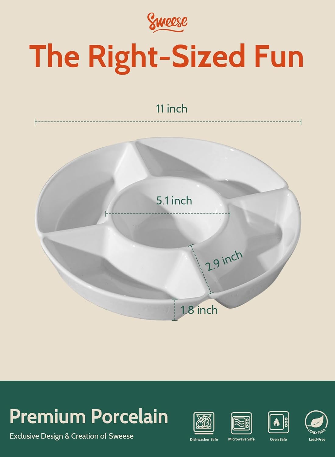 Sweese Porcelain Chip & Dip Serving Set - Divided Platter with 5 Compartments, Relish Tray for Snacks, Veggies, Candy - Durable, Microwave & Dishwasher Friendly - Elegant White Design for Parties