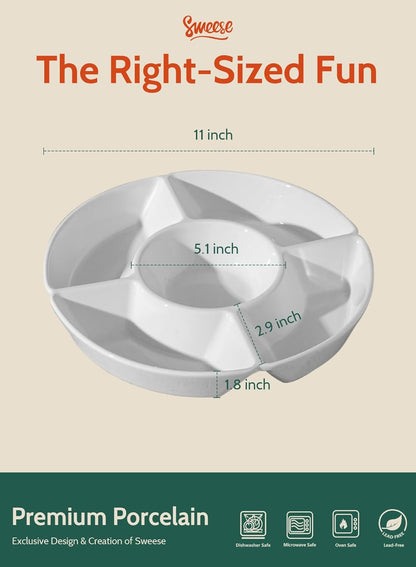 Sweese Porcelain Chip & Dip Serving Set - Divided Platter with 5 Compartments, Relish Tray for Snacks, Veggies, Candy - Durable, Microwave & Dishwasher Friendly - Elegant White Design for Parties
