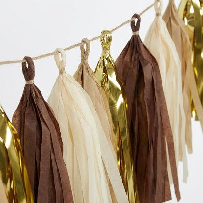 20-Pack Brown and Gold Party Decorations Tissue Tassel Garland Beige Nude Bunting Sign Streamers for Rustic Neutral Espresso Baby Shower Western Cowboy Birthday Graduation Bachelorette Wedding