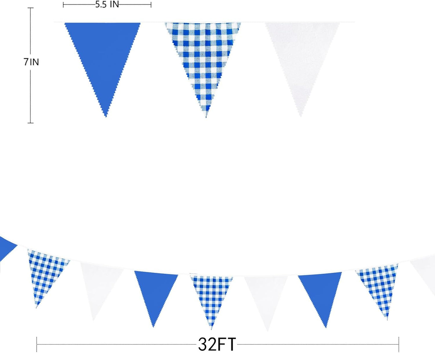 32Ft Dusty Blue Party Decorations Retro Blue Gingham Triangle Banner Flag Pennant Fabric Garland Streamers for Nautical Wedding Birthday Ahoy Achor Bridal Baby Shower Under The Sea Decor Supplies