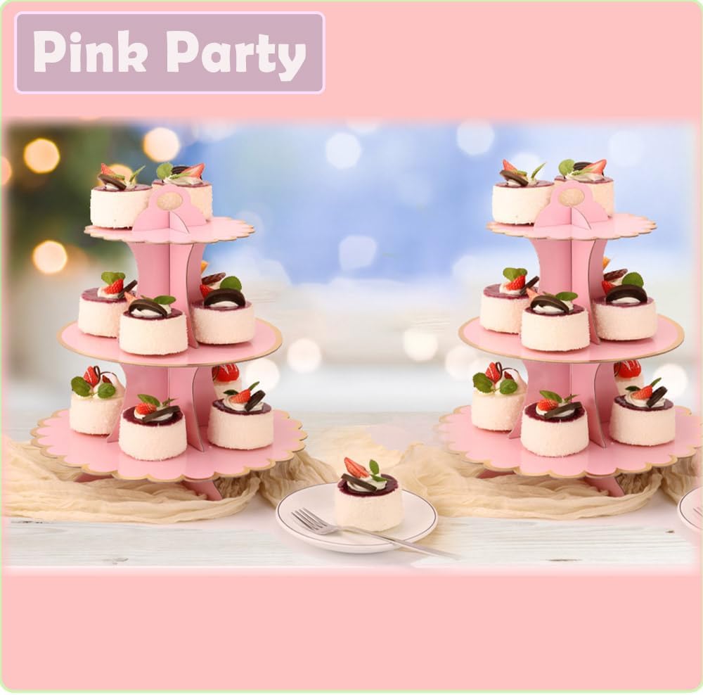 MRPAPA Pink Cardboard Cupcake Stand,2PCS Cup Cake Holder Thick Paper Dessert Tray, 3-Tier Round Serving Tray Perfect for Baby Girls Pink and Gold Birthday Baby Shower Party Supplies