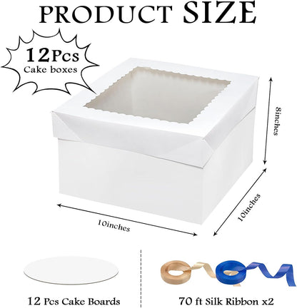 6PCS 12x12x8 Inches Cake Boxes with Boards—（3 Boxes with window & 3 Borads & 70ft Silk Ribbon） Large Square Baking Boxes for Christmas,Birthday Party, Wedding, Valentine's Day