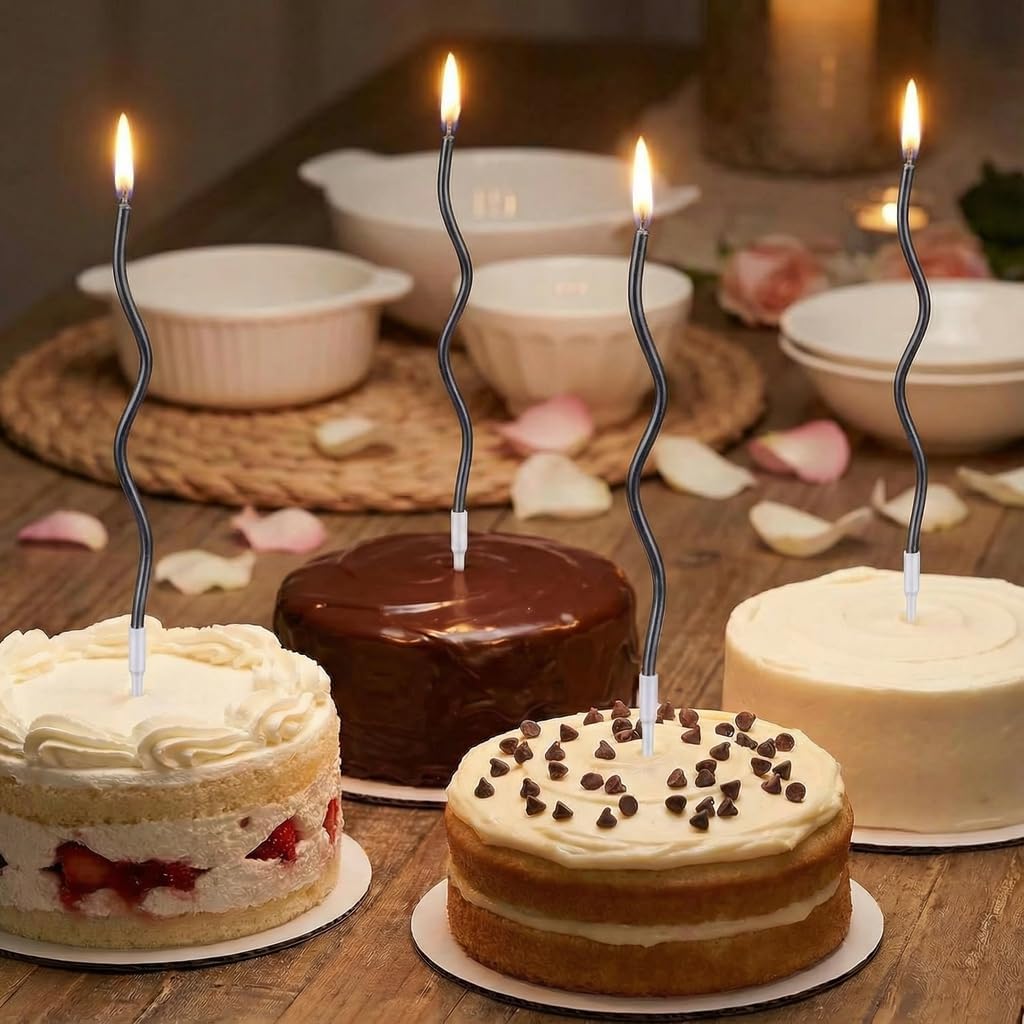 12-Count Spiral Birthday Candles, Long Twisty Gold Party Candles with Candle Holders, Long Burning for Weddings, Birthdays, Party Decorations, Cupcakes, Anniversary and Meetups (Gold)