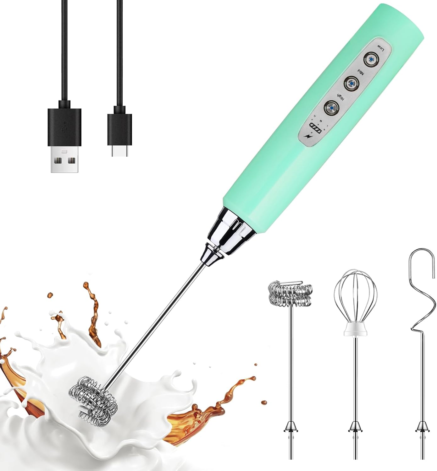YUSWKO Black Handheld Milk Frother Wand for Coffee, Rechargeable Electric Whisk with 3 Heads 3 Speeds Drink Mixer Coffee Frother For Latte, Cappuccino, Hot Chocolate, Egg