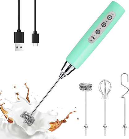 YUSWKO Black Handheld Milk Frother Wand for Coffee, Rechargeable Electric Whisk with 3 Heads 3 Speeds Drink Mixer Coffee Frother For Latte, Cappuccino, Hot Chocolate, Egg