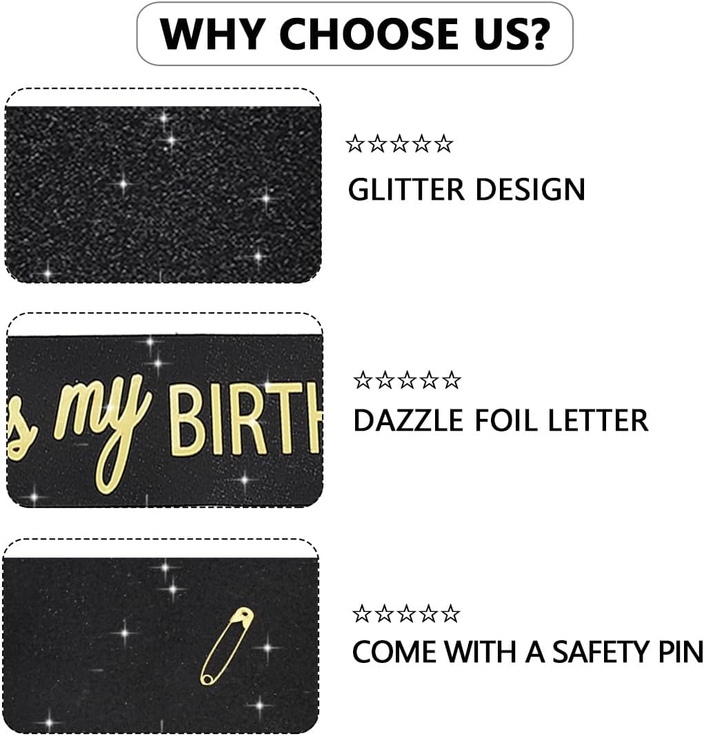 Vuzvuv It's My Birthday Birthday Sash, Glitter Birthday Sash with Foil Letters Birthday Party Decor for Women, Girls