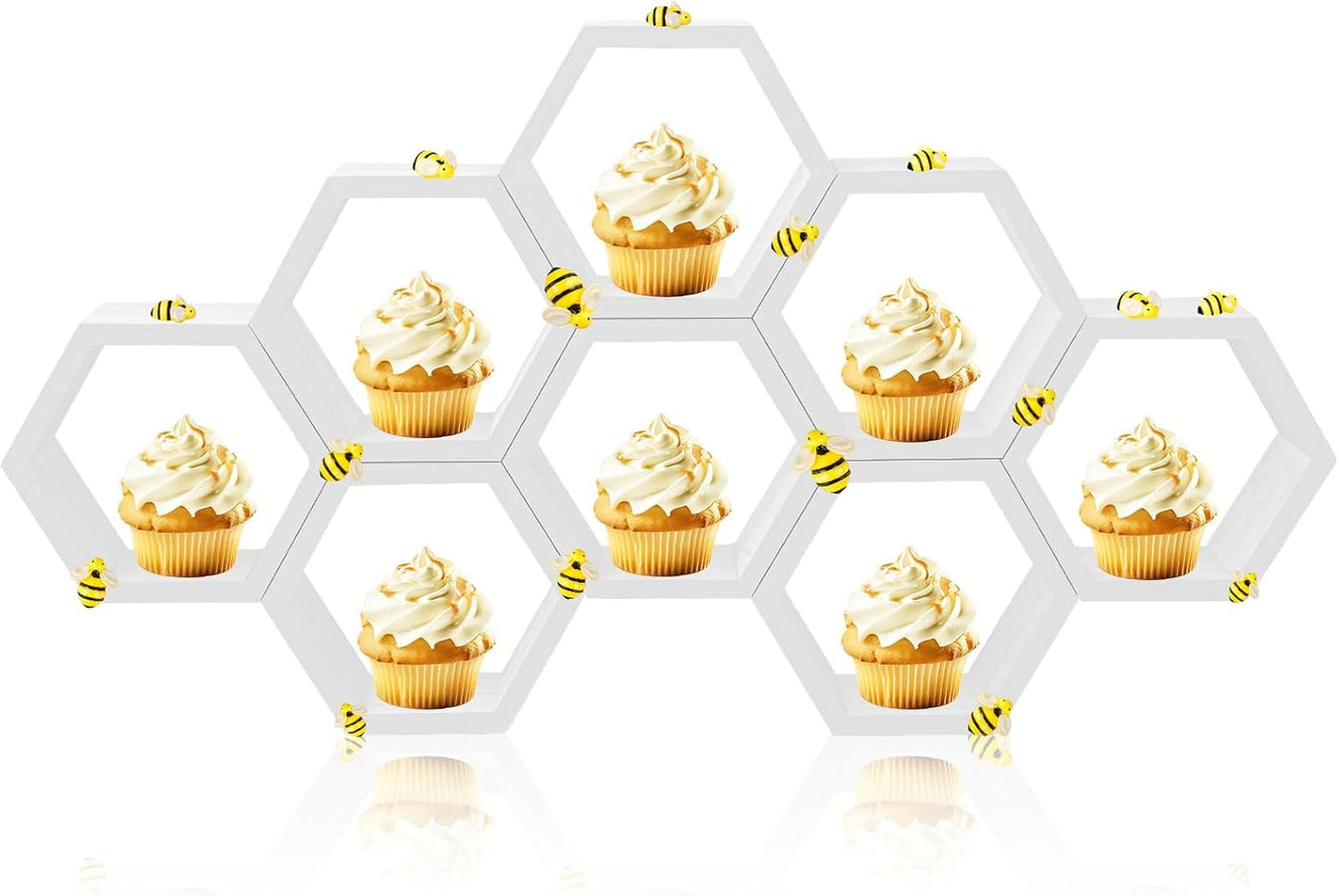 8 Pcs 4.13 Inch Honeycomb Cupcake Stand Cake Farmhouse Hexagon Display Holder Hexagonal Wood Cupcake Stand Floating Table Sign with Wooden Bee for Wedding Baby Shower Birthday Party Table Decorations