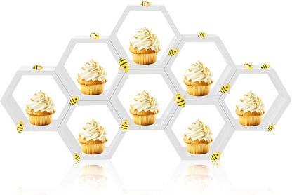 8 Pcs 4.13 Inch Honeycomb Cupcake Stand Cake Farmhouse Hexagon Display Holder Hexagonal Wood Cupcake Stand Floating Table Sign with Wooden Bee for Wedding Baby Shower Birthday Party Table Decorations