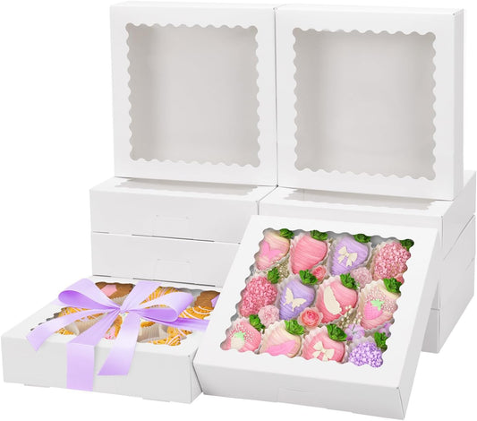 Moretoes 12pcs Bakery Boxes, 8x8x2 Inches Auto-Popup Cookie Boxes with Window, White Treat Containers for Chocolate Strawberries, Donuts, Desserts, Pastries, Mother's Day