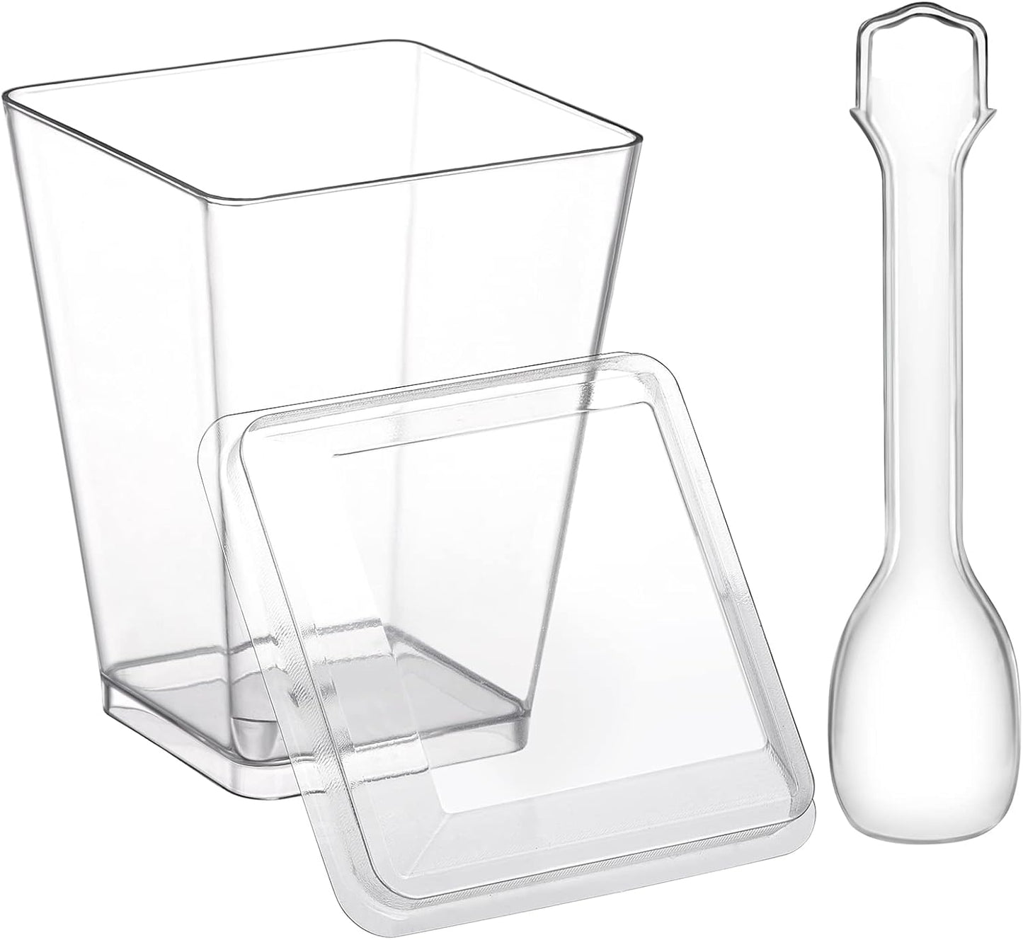 Eupako 100 Pack 5 oz Square Clear Plastic Dessert Cups with Spoons Small Clear Plastic Tumbler Cups Great for Desserts, Appetizers, Puddings, Mousse, Parfait