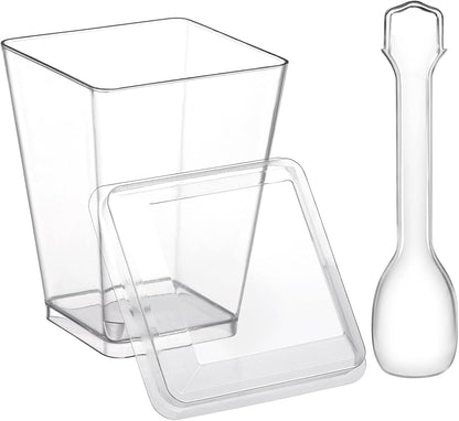 Eupako 100 Pack 5 oz Square Clear Plastic Dessert Cups with Spoons Small Clear Plastic Tumbler Cups Great for Desserts, Appetizers, Puddings, Mousse, Parfait