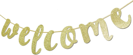 Welcome Gold Glitter Hanging Sign Banner - Reusable Decorations for First Day of School, Classroom, Wedding, Graduation, Home Decor