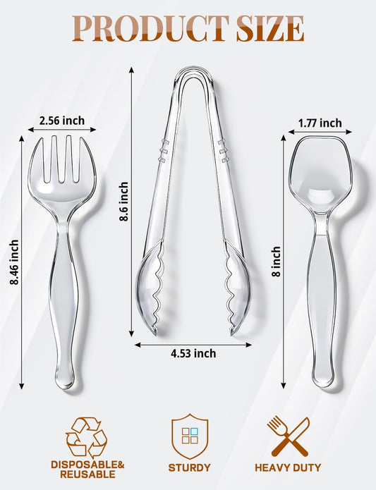 Plastic Serving Utensils, Clear Serving Spoons Set Including 4 Disposable Plastic Tongs 8 Spoons and 8 Forks Supplies for Catering, Entertaining and Parties