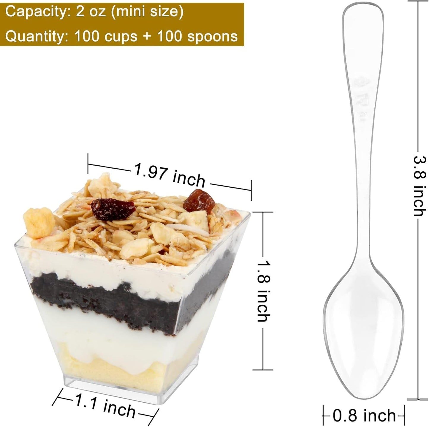 Colovis Mini Dessert Cups, 200 CT 2oz Clear Plastic Parfait Appetizer Cups with Spoons Mini Square Dessert Bowls for Serving, Tasting (200)