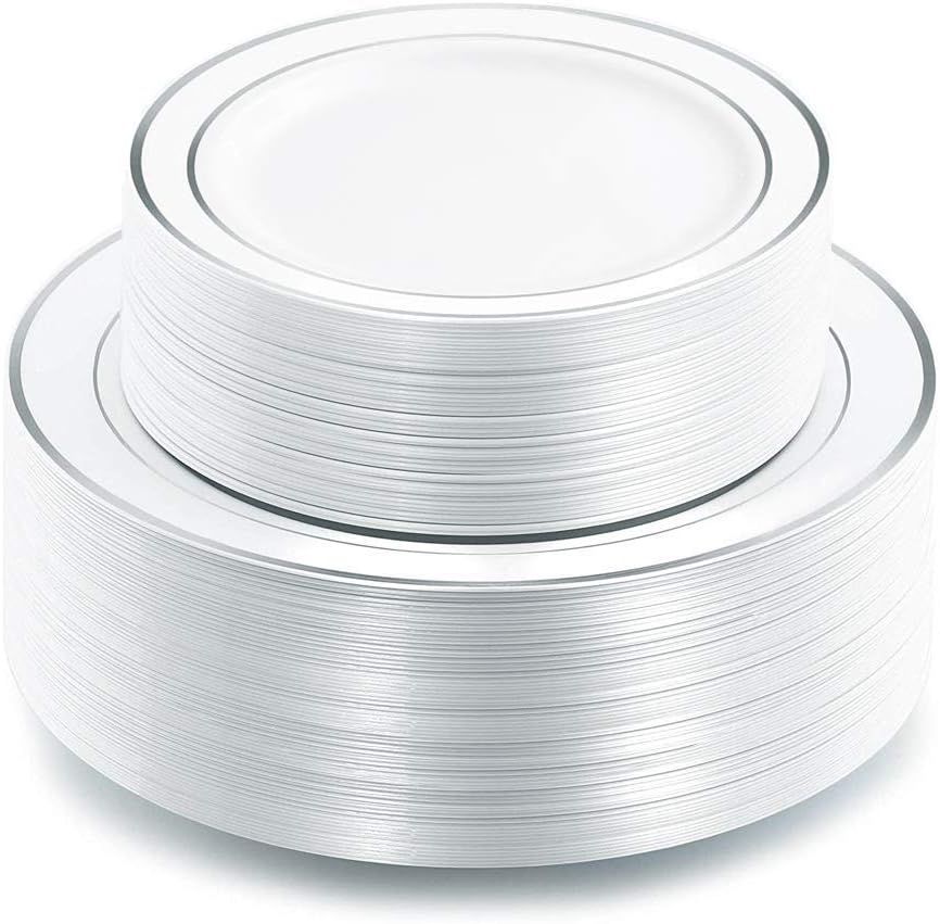 I00000 102 Pieces Gold Plastic Plates, Disposable Party Plates White Gold Rim, 51 Disposable Gold Dinner Plates 10.25 Inch and 51 Disposable Dessert Appetizer Elegant Fancy Wedding Plates 7.5 Inch