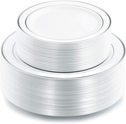 I00000 102 Pieces Gold Plastic Plates, Disposable Party Plates White Gold Rim, 51 Disposable Gold Dinner Plates 10.25 Inch and 51 Disposable Dessert Appetizer Elegant Fancy Wedding Plates 7.5 Inch