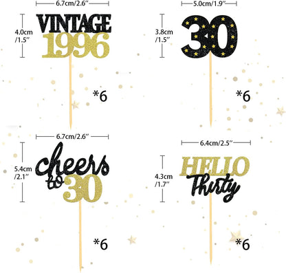 24 PCS Glitter 30th Birthday Cupcake Toppers for Celebrating Thirty Years Old Birthday Party Decorations for 30th Anniversary Party Supplies (Gold)