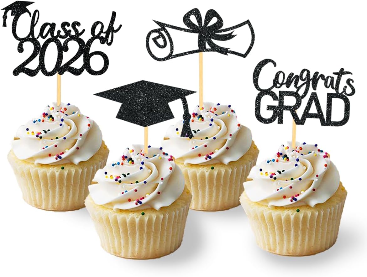 2026 Graduation Theme Cupcake Toppers Glitter Class of 2026 Graduation Cap Diploma Cupcake Picks - Set of 24 (Gold)