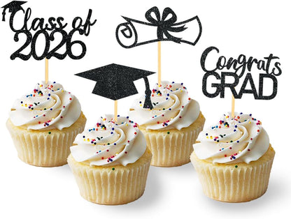 2026 Graduation Theme Cupcake Toppers Glitter Class of 2026 Graduation Cap Diploma Cupcake Picks - Set of 24 (Gold)