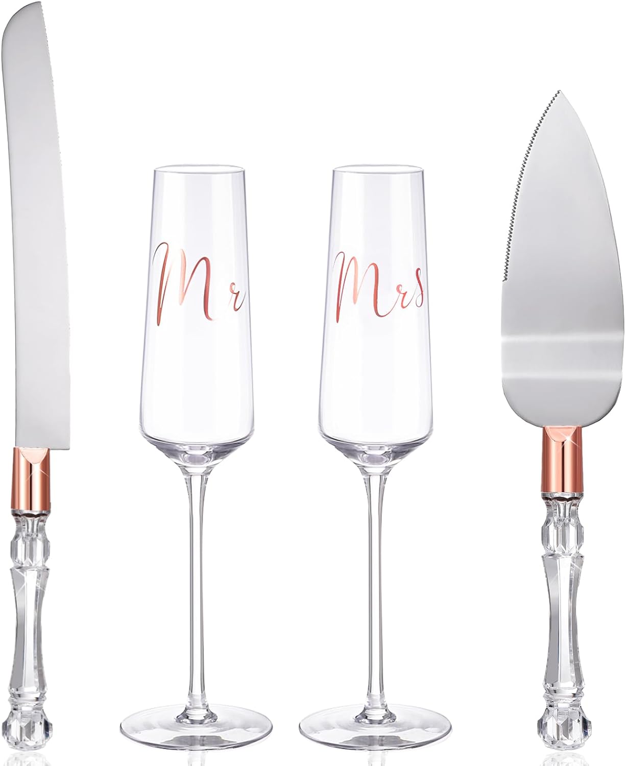 Boao 4 Pieces Wedding Toasting Flutes and Cake Server Set Wedding Reception Supplies Champagne Glasses Cake Knife Pie Server (Gold,Classic)