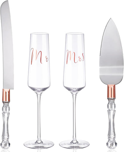 Boao 4 Pieces Wedding Toasting Flutes and Cake Server Set Wedding Reception Supplies Champagne Glasses Cake Knife Pie Server (Gold,Classic)