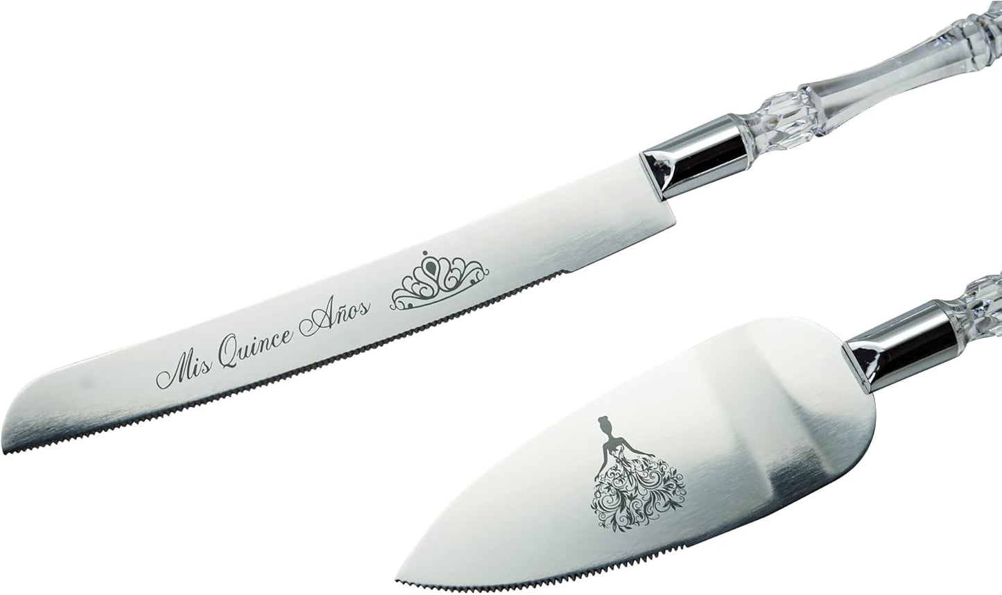 Lassos Boutique Mis Quince Años Quinceanera Cake Serving and Knife Set, Sweet 15 Birthday Cake Cutting Set, Feliz 15 Anos Decoration, Acrylic Handle, Stainless Steel (Gold)