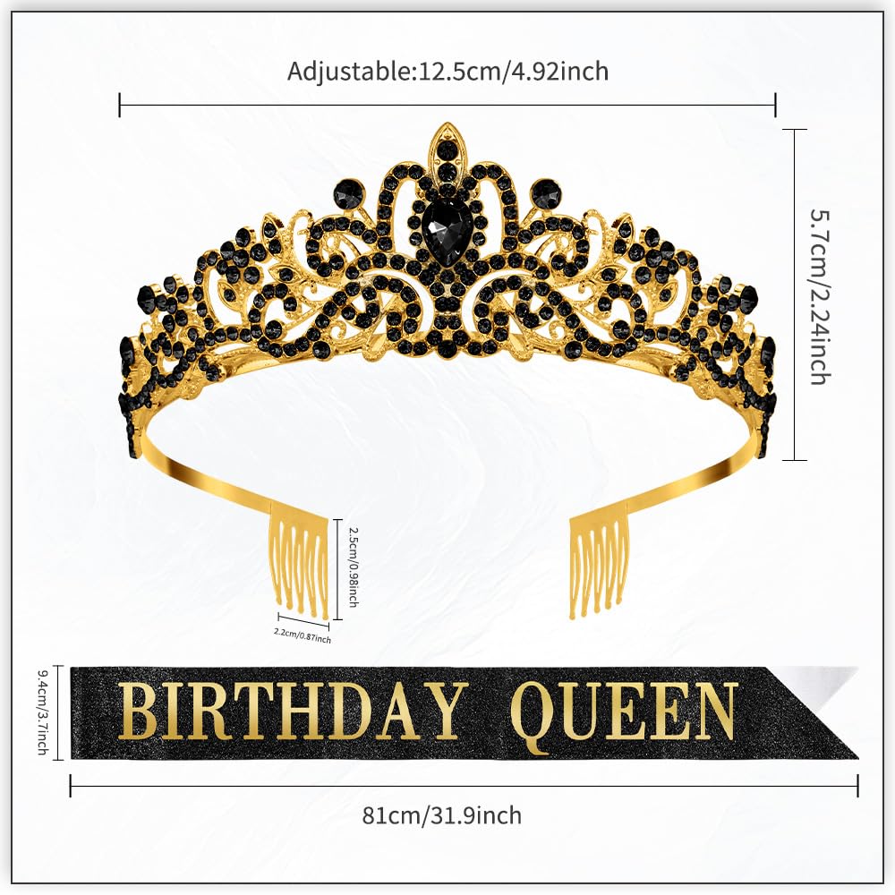 Birthday Sash for Women,Birthday Crown Tiaras for Women,Gold Rhinestone Queen Sash and Crown Tiara Headband for Party Decorations