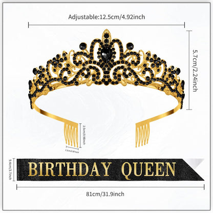Birthday Sash for Women,Birthday Crown Tiaras for Women,Gold Rhinestone Queen Sash and Crown Tiara Headband for Party Decorations