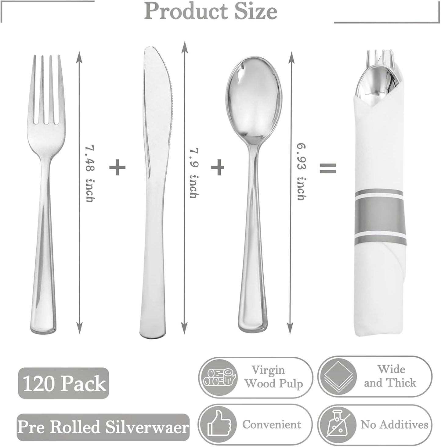 Supernal 240 Silver Plastic Silverware Set - 60 Sets Pre Rolled Napkins with Cutlery - Mirror Polished Real Look Disposable Silver Utensils- Elegant Heavy Duty Flatware for Weddings & Catering